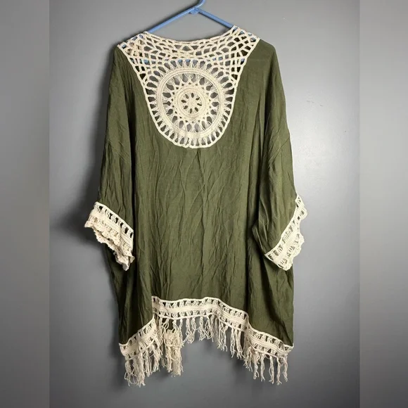 Indigo Thread Co. Open Front Boho Crochet ! Fringe Lightweight Kimono Sz 2X - Picture 2 of 5